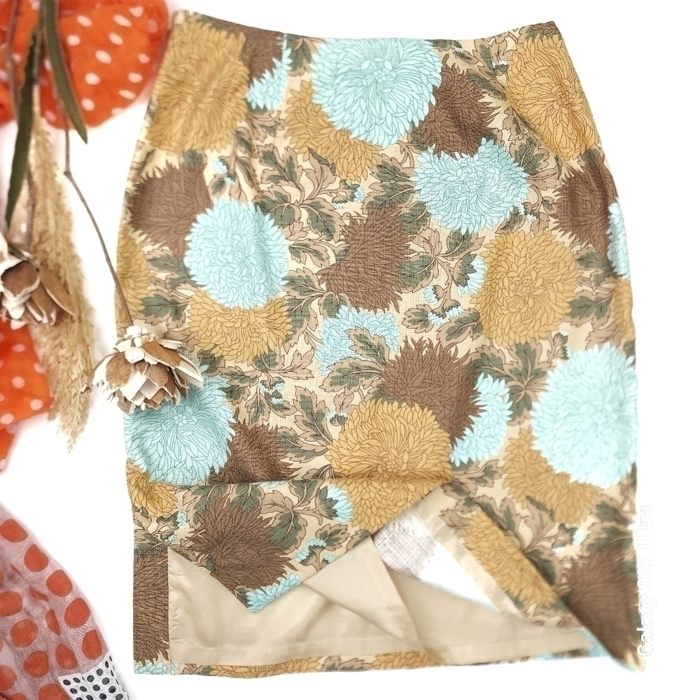 Loft Ann Taylor Tan Turquoise Floral Silk Blend Skirt Sz 2